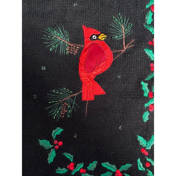 Vintage Black Cardinal Holiday Sweater Plus Size 1X Christmas Embroidered Birds - Picture 7 of 10